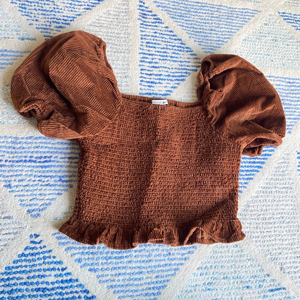 Brown Puff Sleeve Smocked Top